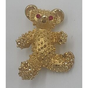 Vintage gold tone TEDDY BEAR w/ red rhinestone eyes brooch pin